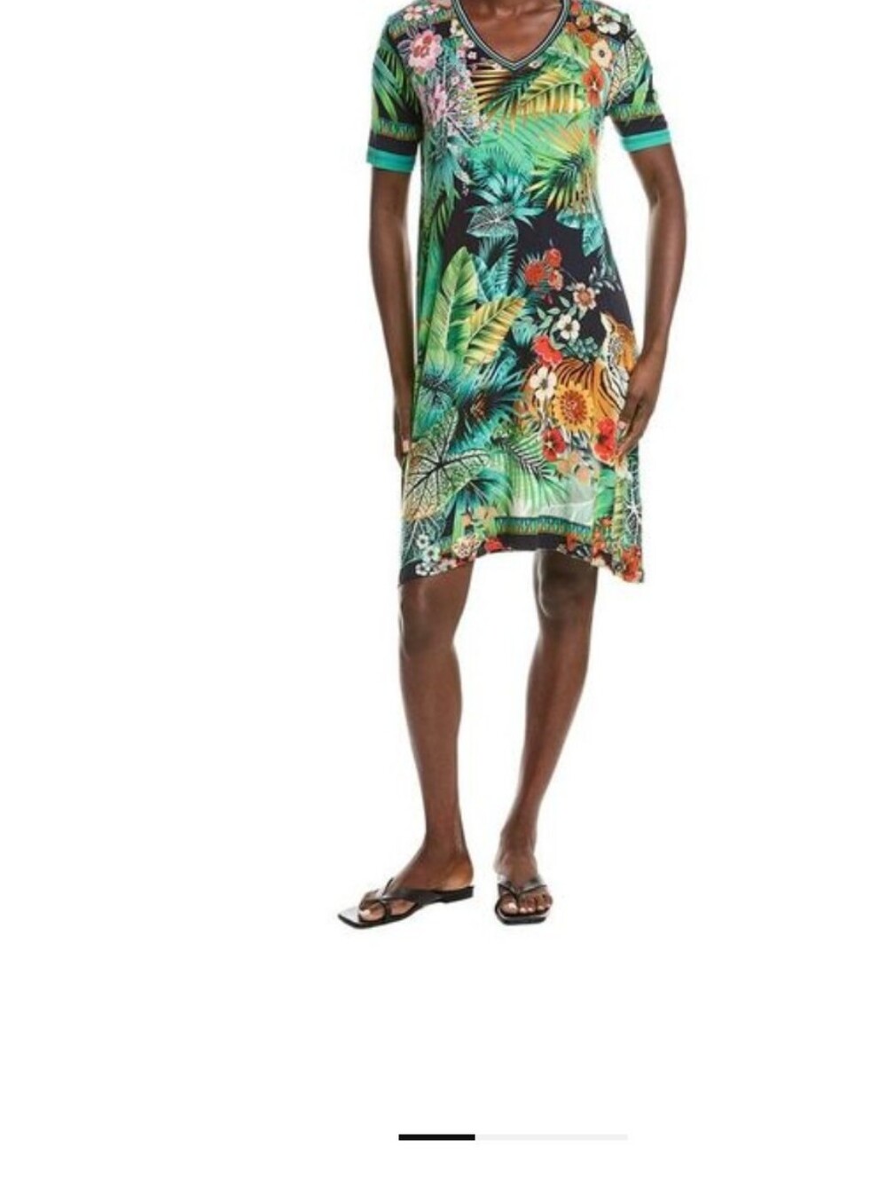 Johnny Was Green Tropical Print V-Neck Dress